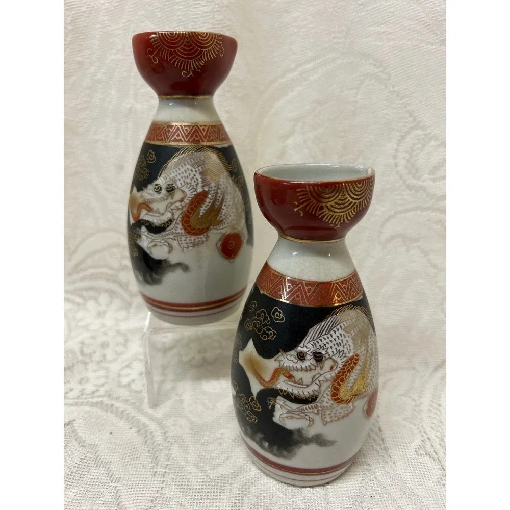 Vintage Japanese Kutani Sake Bottle Set Dragon Moriage Crackle Glaze Red Gold 5